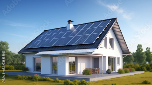 Modern Solar-Powered House at sunset. A contemporary two-story home equipped with solar panels on the roof, bathed in the warm glow of a setting sun, representing sustainable living.