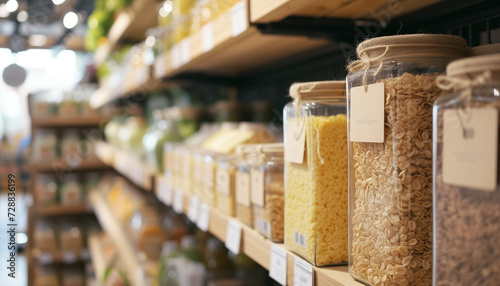 Porridges, cereals, kinds of pasta are stored in glass jars carefully placed on Eco-friendly store shelves. Successful business, real estate interior, zero waste food consumption concept image. photo