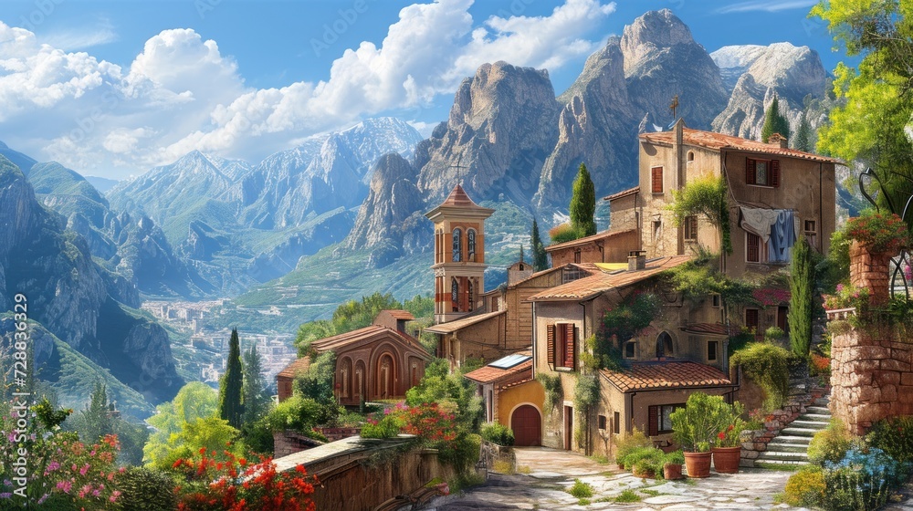  a painting of a village in the mountains with mountains in the background and flowers in the foreground, and a staircase leading up to the top of the building.