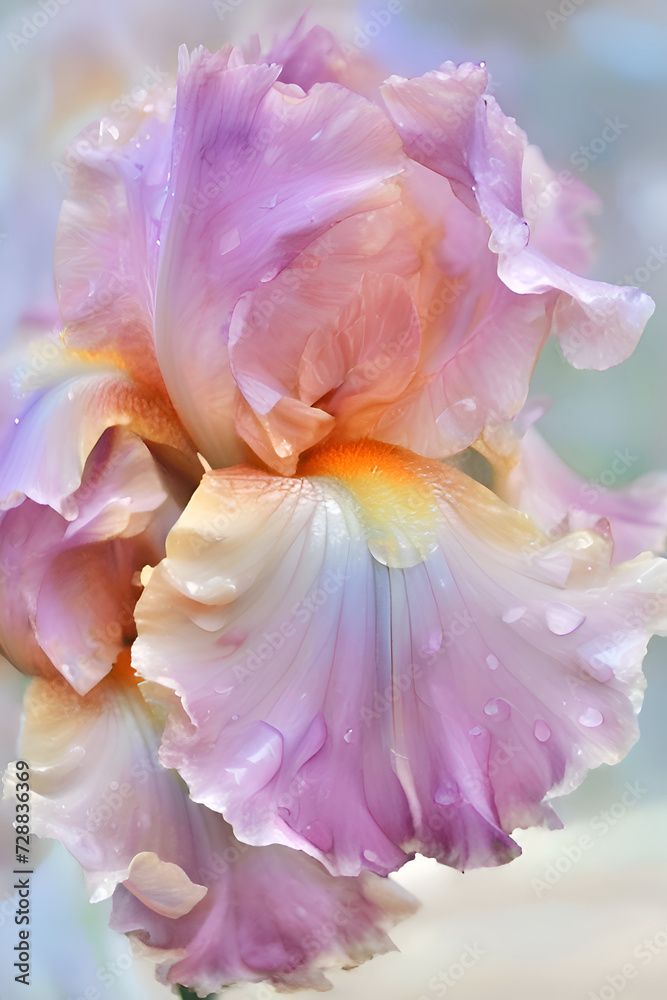 beautiful art with soft lavender pink  iris flower with water drops against abstract  background. close up. paint watercolor style. Ai generated