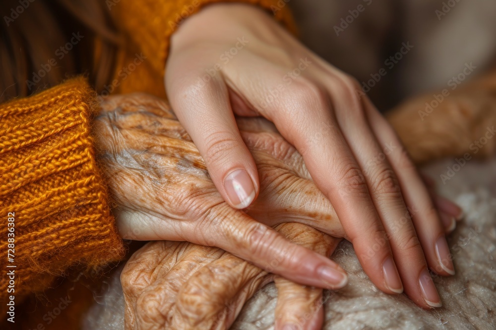 Close-up of a Young Woman Gently Holding an Elderly Person's Hand, Symbolizing Care and Support for the Aging Close-up of a Young Woman Gently Holding an Elderly Person's Hand, Symbolizing Care and Support for the Aging