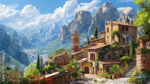  a painting of a village in the mountains with mountains in the background and flowers in the foreground, and a staircase leading up to the top of the building.