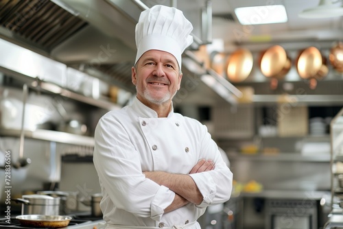 Smiling Middle-Aged Male Chef with Arms Crossed in Professional Kitchen