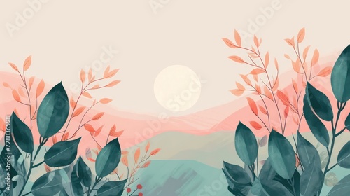 Beautiful bohemian-inspired illustration background decorated with floral and nature elements in soft pastel shades. photo