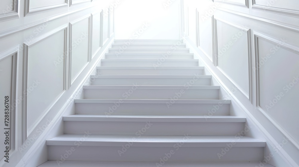 a set of white stairs leading up to a bright light at the end of the room in the middle of the room is a white wall with white paneling. a set of white stairs leading up to a bright light at the end of the room in the middle of the room is a white wall with white paneling.