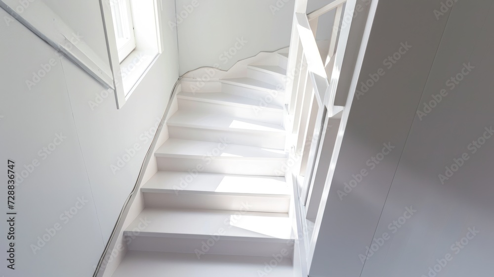 Obraz premium a set of stairs leading up to a window in a room with a white wall and a window on the far side of the stairs is a white painted wall.