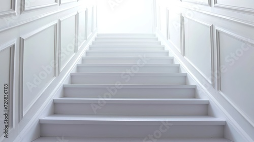  a set of white stairs leading up to a bright light at the end of the room in the middle of the room is a white wall with white paneling. © Anna