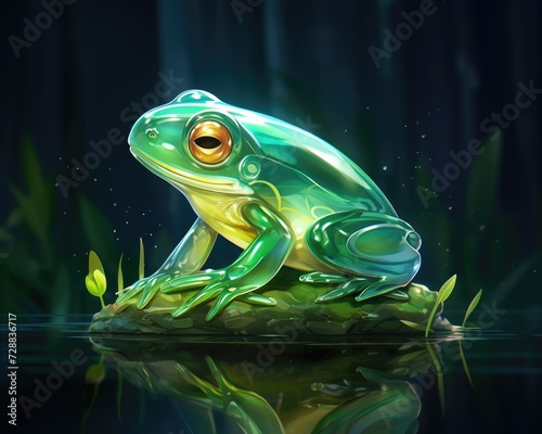 Green frog. Glowing frog lamp. The frog is a princess character from a fairy tale.