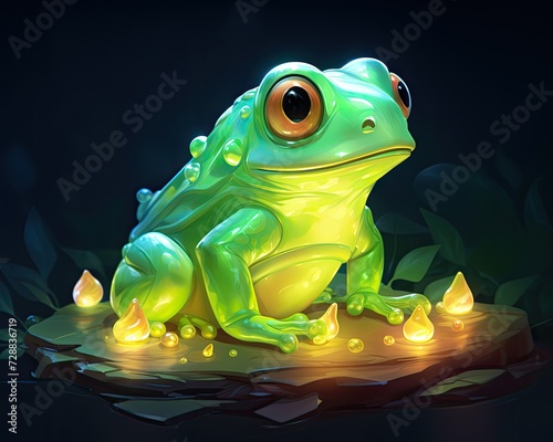 Green frog. Glowing frog lamp. The frog is a princess character from a fairy tale.