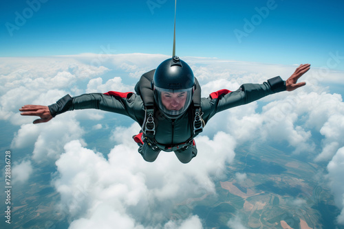 A man hovers in the air in free fall before opening a parachute. a person in the air with parachutes and parachutes. The parachutist is engaged in skydiving.