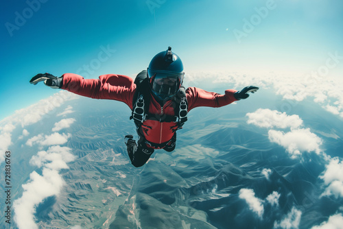 A man hovers in the air in free fall before opening a parachute. a person in the air with parachutes and parachutes. The parachutist is engaged in skydiving.
