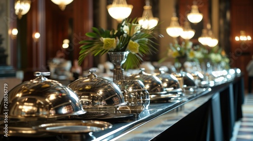  a row of silver trays sitting on top of a table covered in silver plates and covered in a vase with flowers on top of the tables are lined with silver trays.
