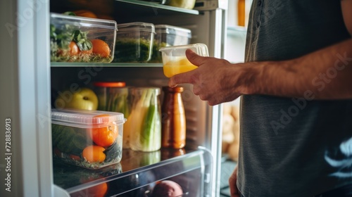 Man taking his packed lunch out of the refrigerator. Generative AI photo