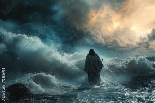 Depiction of Jesus Christ Walking on Water Amid a Stormy Sea