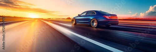 Dynamic Rear View of Blue Luxury Sedan Speeding on Asphalt Highway Curve at Dusk