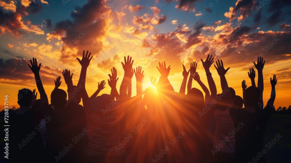 Silhouettes of a Crowd with Hands Raised Toward a Glowing Sunset Sky