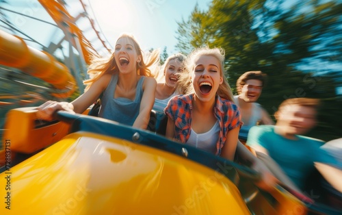 Exhilarated Friends Enjoying a Thrilling Roller Coaster Ride at an Amusement Park