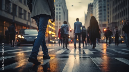 People On The Street Walking On A Zebra Crossing, In The Afternoon, Busy City. Generative AI