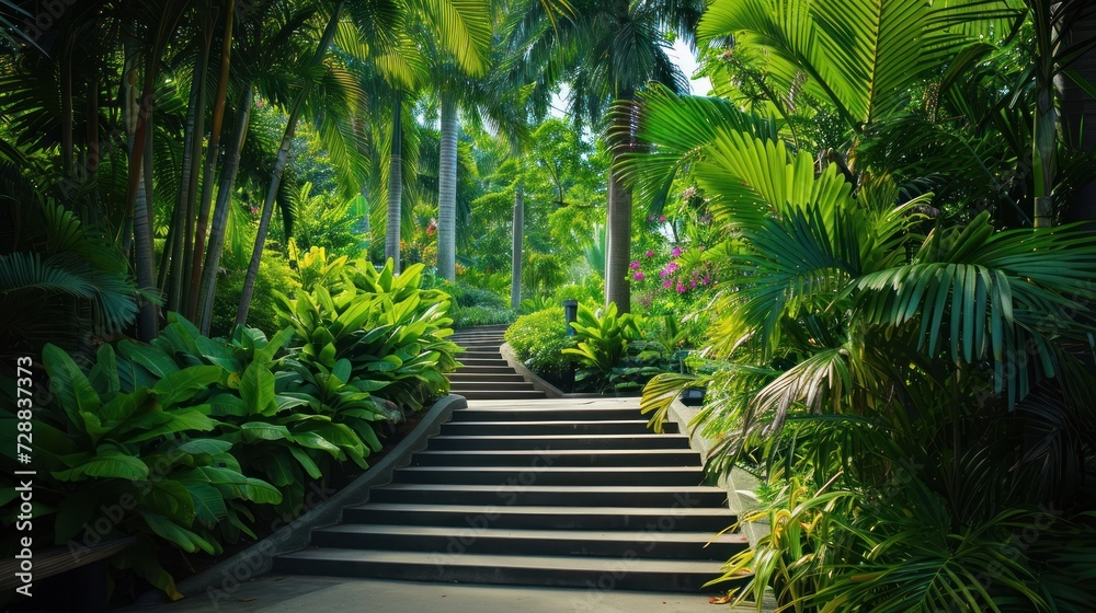  a set of steps that lead up to a lush green forest filled with palm trees and other greenery on either side of the steps is a set of stone steps that lead up to the.
