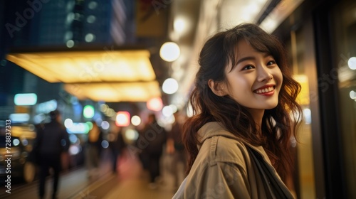 Beautiful Asian Woman on Weekend Out to the City. Night, Walk, and Japanese Woman in the City to Explore. Generative AI.