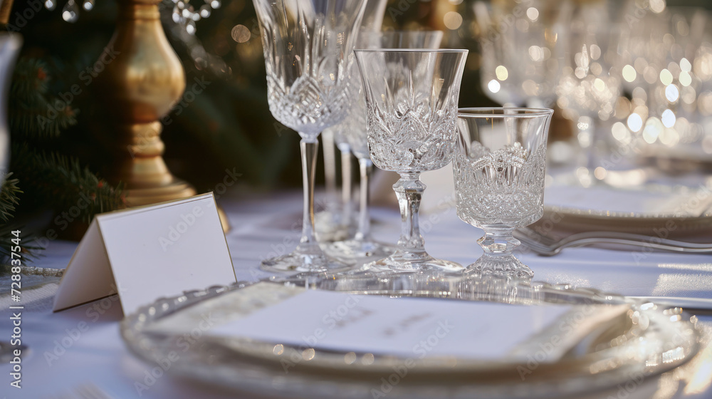  a table set for a formal dinner with a place setting and place cards on the place setting and place cards on the place setting, and a christmas tree in the background.