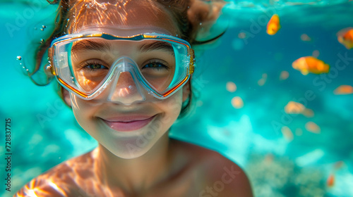 little girl child happy snorkeling with colorful fish on her summer vacation trip during the holiday, enjoying underwater adventures tourism