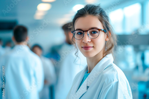 Beautiful young woman scientist wearing white coat and glasses in modern Medical Science Laboratory with Team of Specialists on background.