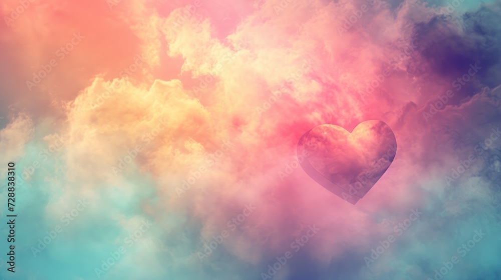  a heart shaped balloon floating in the air surrounded by clouds and a sky filled with pink, blue, yellow and pink clouds and a blue sky filled with clouds.