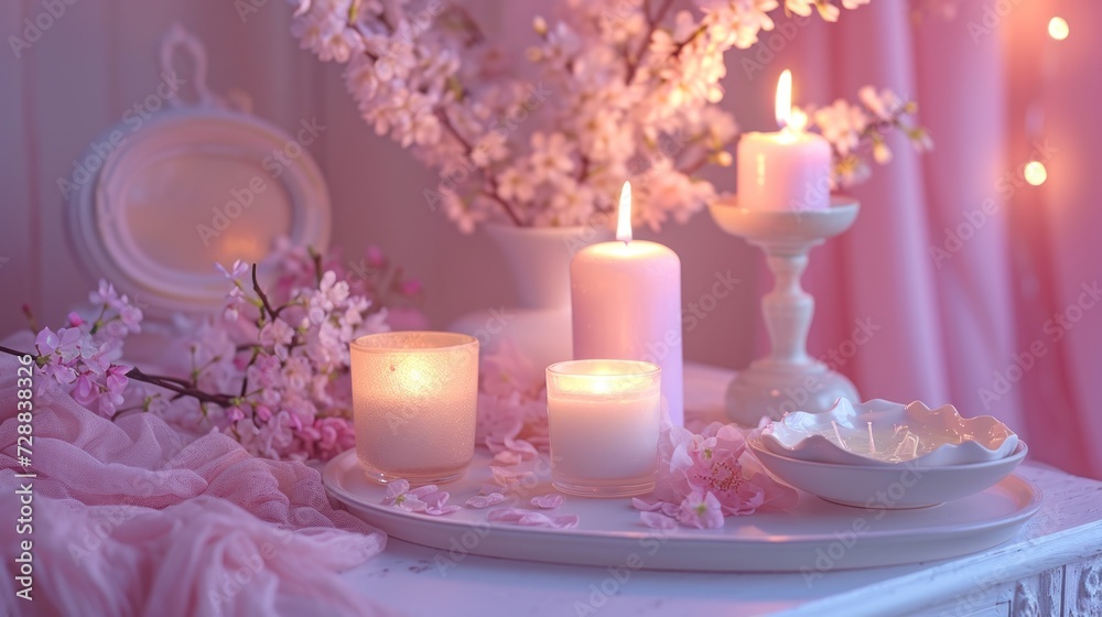  a table topped with a white plate covered in candles next to a vase filled with flowers and a bowl filled with pink flowers next to a vase with pink flowers.