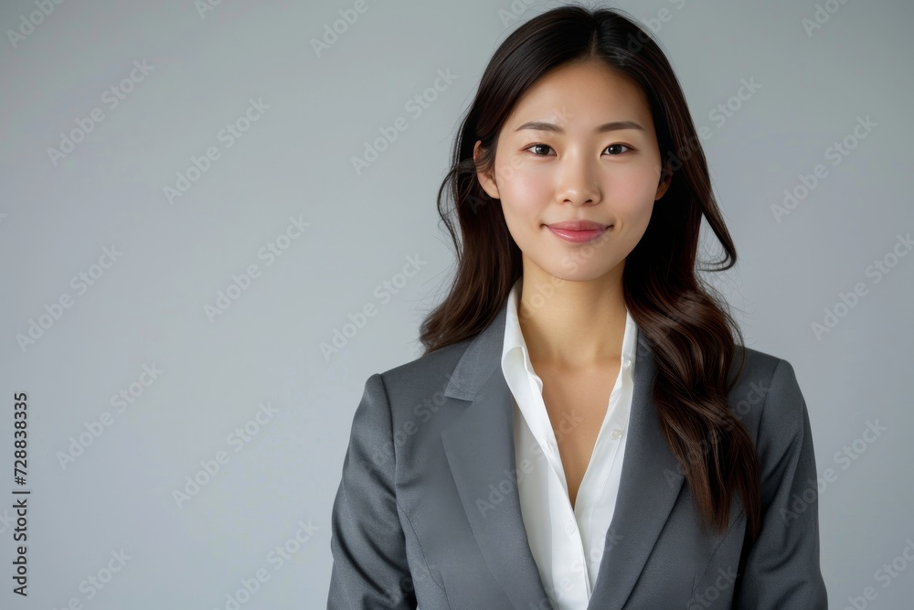 Portrait of a Smiling Asian Businesswoman in Professional Attire Against a White Background Portrait of a Smiling Asian Businesswoman in Professional Attire Against a White Background