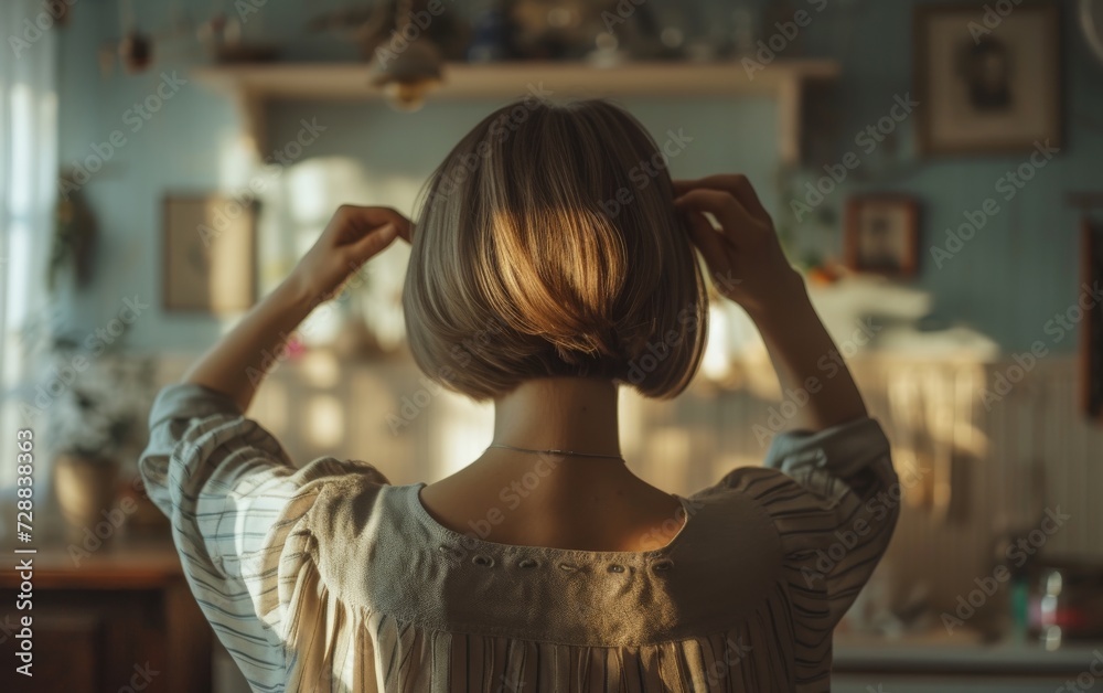 Fototapeta premium Woman Touching Her Short Bob Haircut in a Serene Indoor Setting