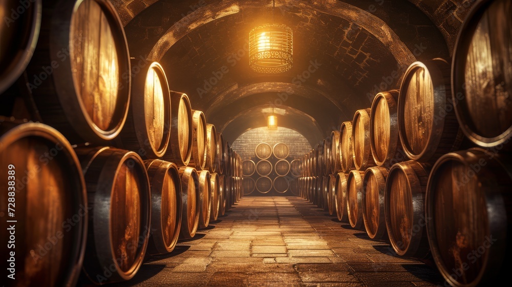 Symmetrical View of Aging Barrels in a Dark Whiskey and Wine Cellar