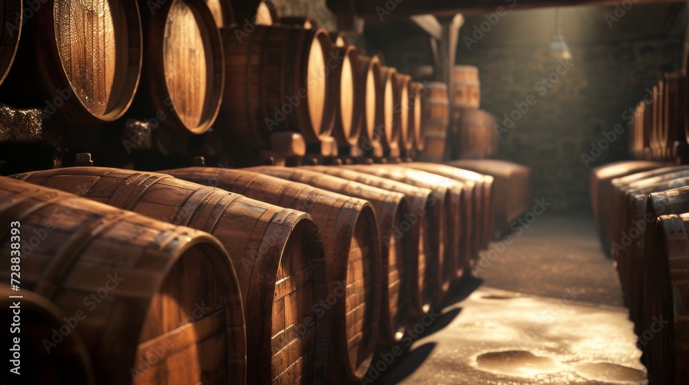Symmetrical View of Aging Barrels in a Dark Whiskey and Wine Cellar - obrazy, fototapety, plakaty 