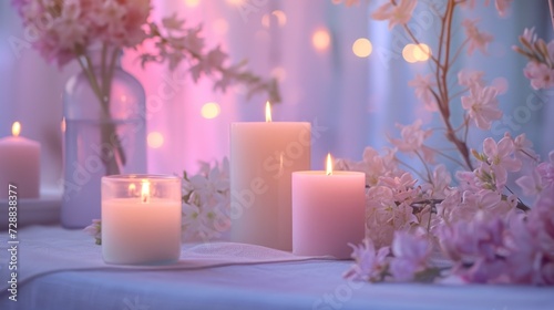  a table topped with lots of lit candles next to a vase filled with flowers and a vase filled with pink and white flowers next to a vase filled with pink flowers.