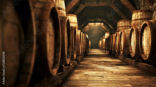 Symmetrical View of Aging Barrels in a Dark Whiskey and Wine Cellar