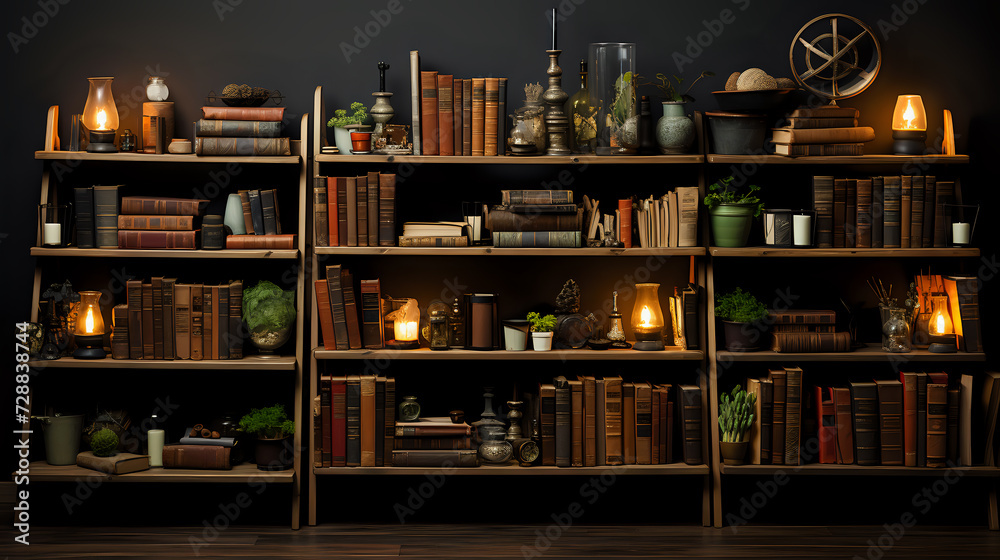 Antique Nook: Rustic Bookshelf with Timeless Treasures. A bookshelf filled with antique books and assorted vintage items, creating a nostalgic ambiance perfect for a cozy reading space 