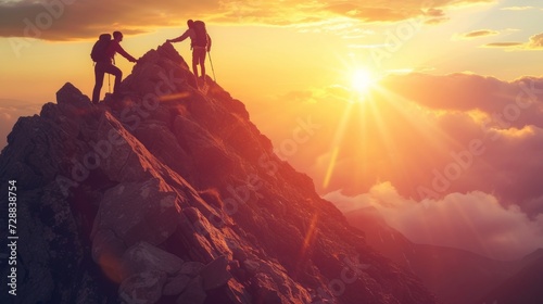 Inspirational Moment as a Hiker Assists a Companion to Reach the Mountain Peak at Sunset