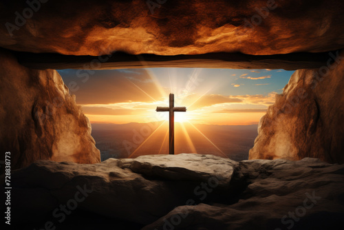 Jesus tomb stone rolled away light inside, cross against backlight