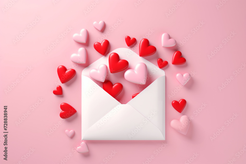 Paper envelope with floating hearts love message on minimal pink background, Valentine's day concept
