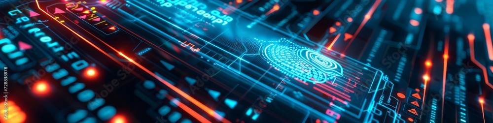 Obraz premium Cybersecurity Concept with Fingerprint Authentication for Online Banking and Financial Trading on a Futuristic Holographic Interface