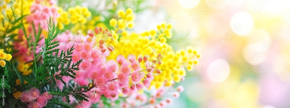 Vibrant Pink and Yellow Mimosa Flowers Blooming in Springtime Sunshine