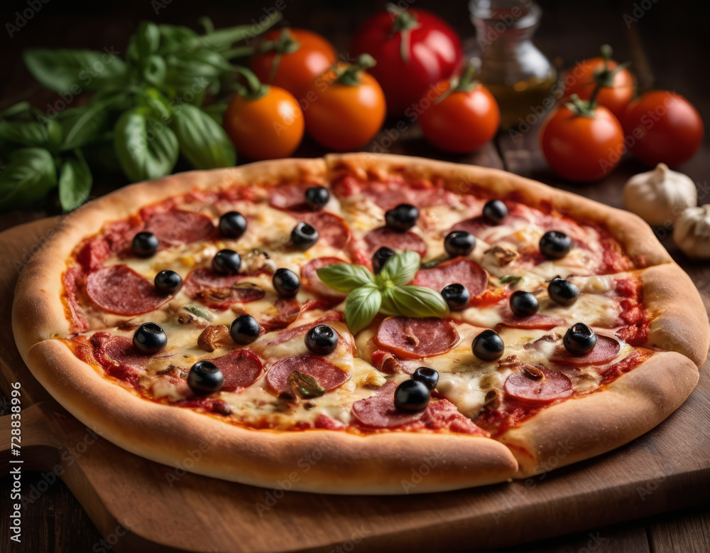 Delicious Pizza with Pepperoni, Olives and Basil