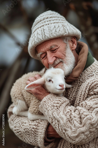 Old man, wearing a woolen hat and a knit sweater, embraces a lamb outdoors, which could illustrate concepts related to farming, animal care, or elderly companionship.