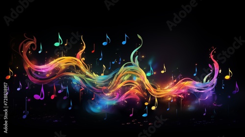 AI generated illustration of colorful music notes floating in a dark background © Wirestock