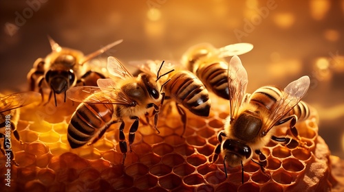 AI generated illustration of honey bees in a beehive with pollen cells and water droplets