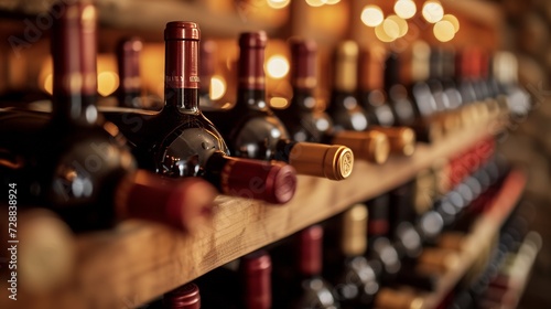 Warmly Lit Vintage Wine Cellar with Rows of Red and White Wine Bottles
