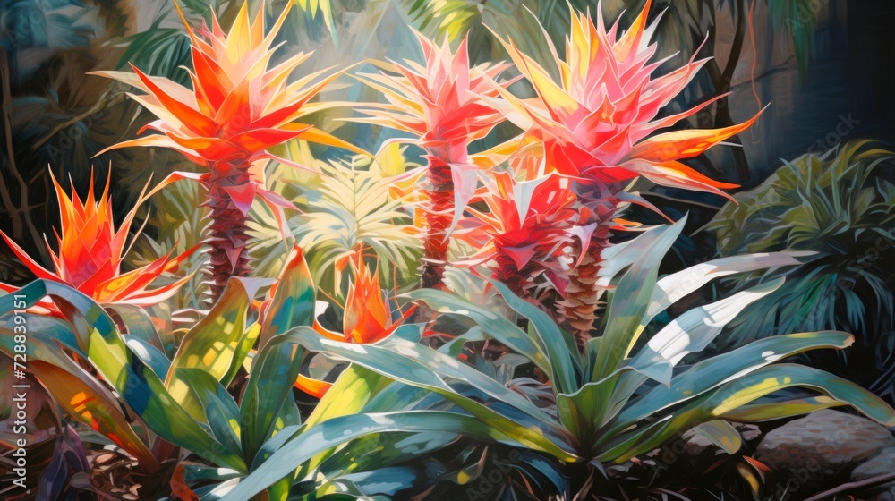Obraz premium Colorful exotic flowers with lush green leaves. Bromeliads. Concept of tropical beauty, botanical illustration, vibrant flora, nature artistry.