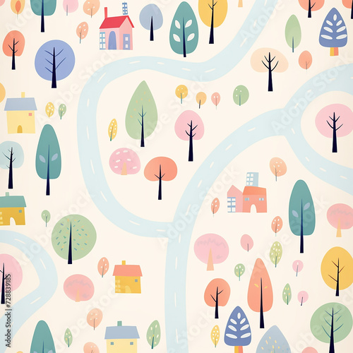 Cartoon childish city print. Vector childish seamless pattern with town symbols, cars, houses, buildings, trees, and streets. City easy simple drawing map.