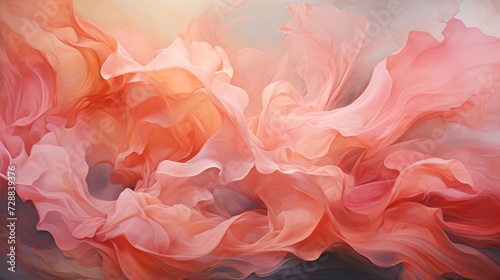 Abstract swirls of peach and pink in fluid art style. Concept of fluid art  soft fabric folds  coral and peach fluidity  delicate wave texture.