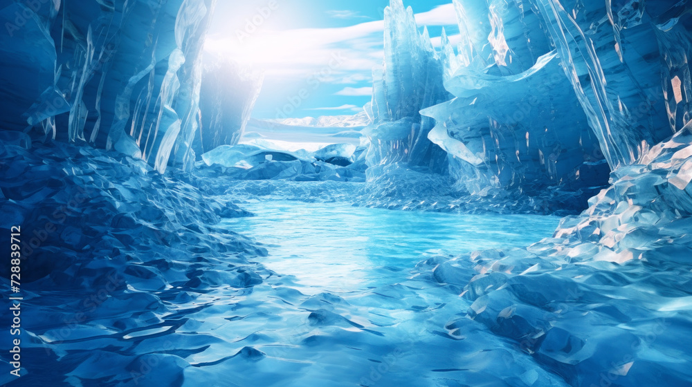 beautiful ice cave with a clear, transparent blue iceberg on a sunny day. Fantastic, colorful background.